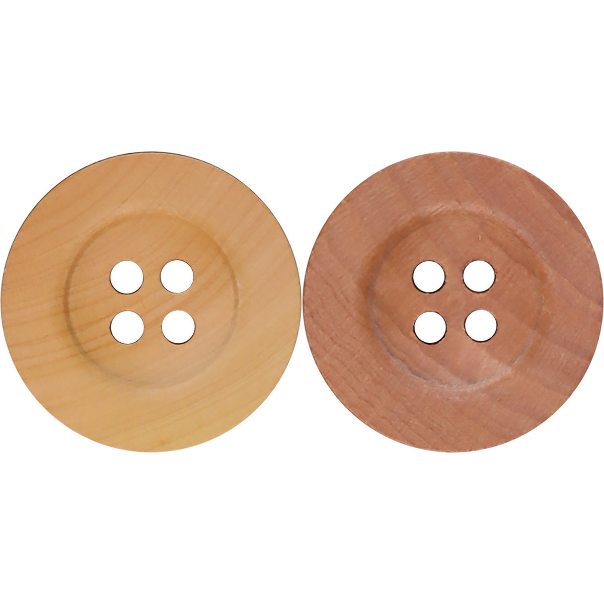 Natural wood four-hole buttons, yellow and red wood tones, wide rim, 2-pack view