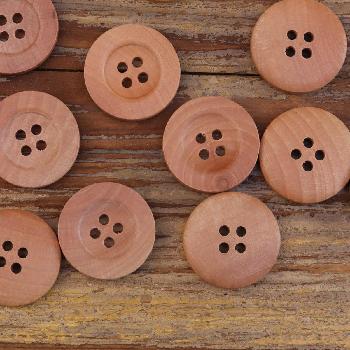 Set of red wood wide-rim four-hole wooden buttons, round face, front views