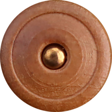 Brown round wooden button with metal shank/foot, close-up front button face
