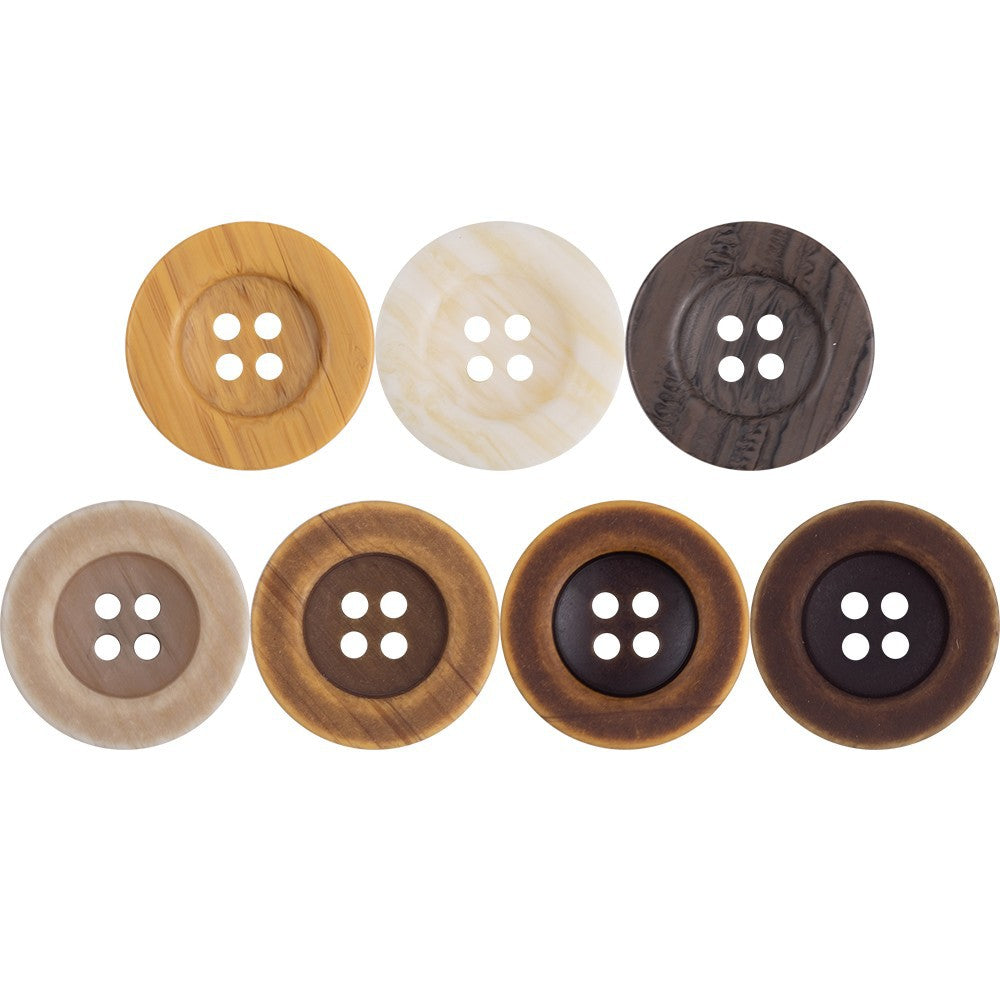 Assorted round four-hole buttons in wood-grain resin: tan, white, and dark