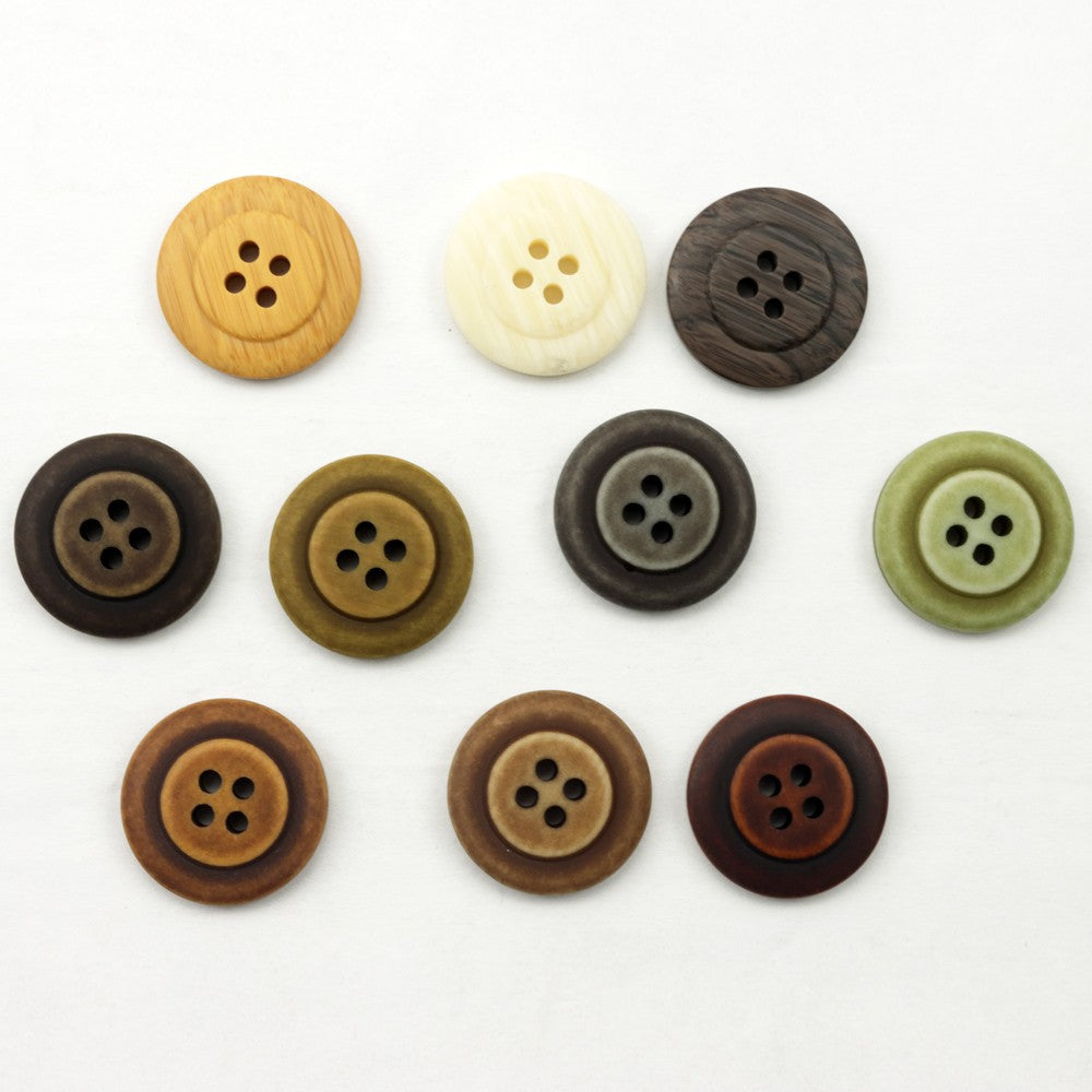 Set of round resin buttons with 4 holes in green, brown, and dark tones