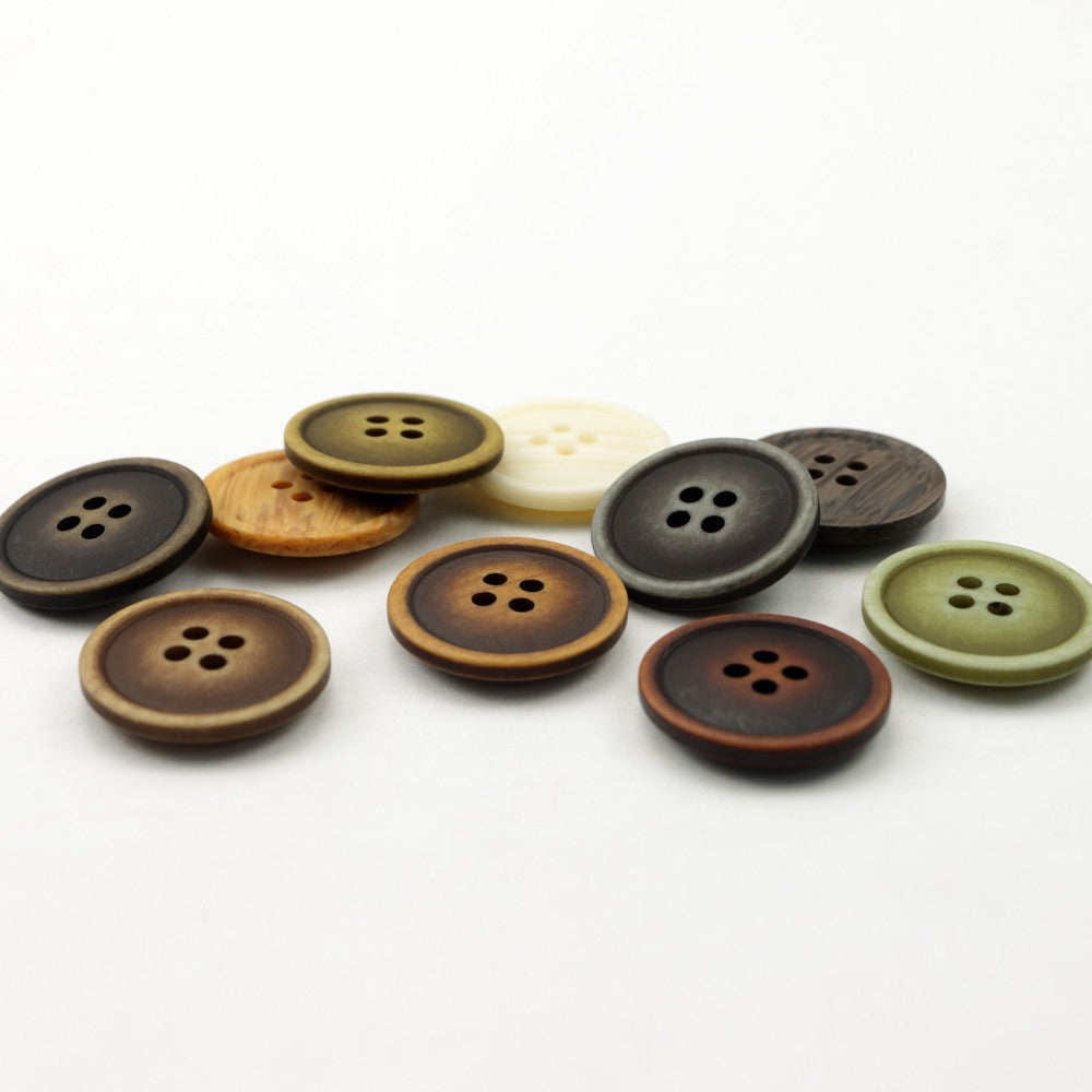 Round resin buttons with 4-hole design in dark, olive, and light cream shades