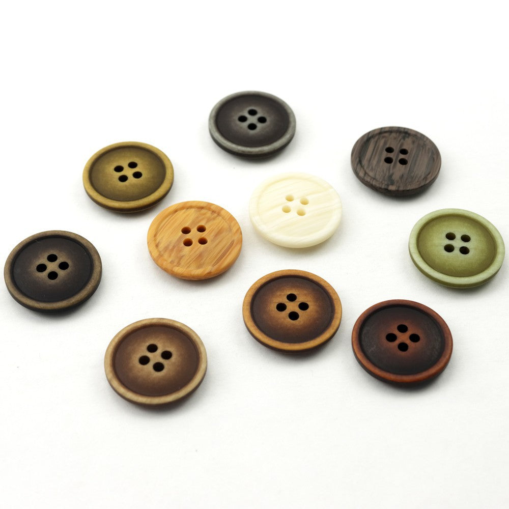 Mixed round resin buttons, 4 holes each, including olive green and dark brown
