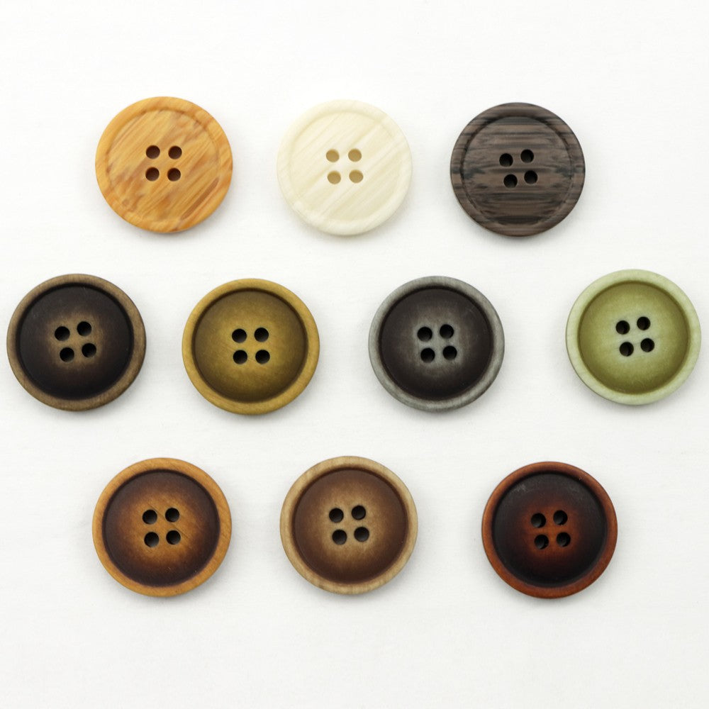 Assorted round 4-hole resin buttons with green, brown, black, and white finishes