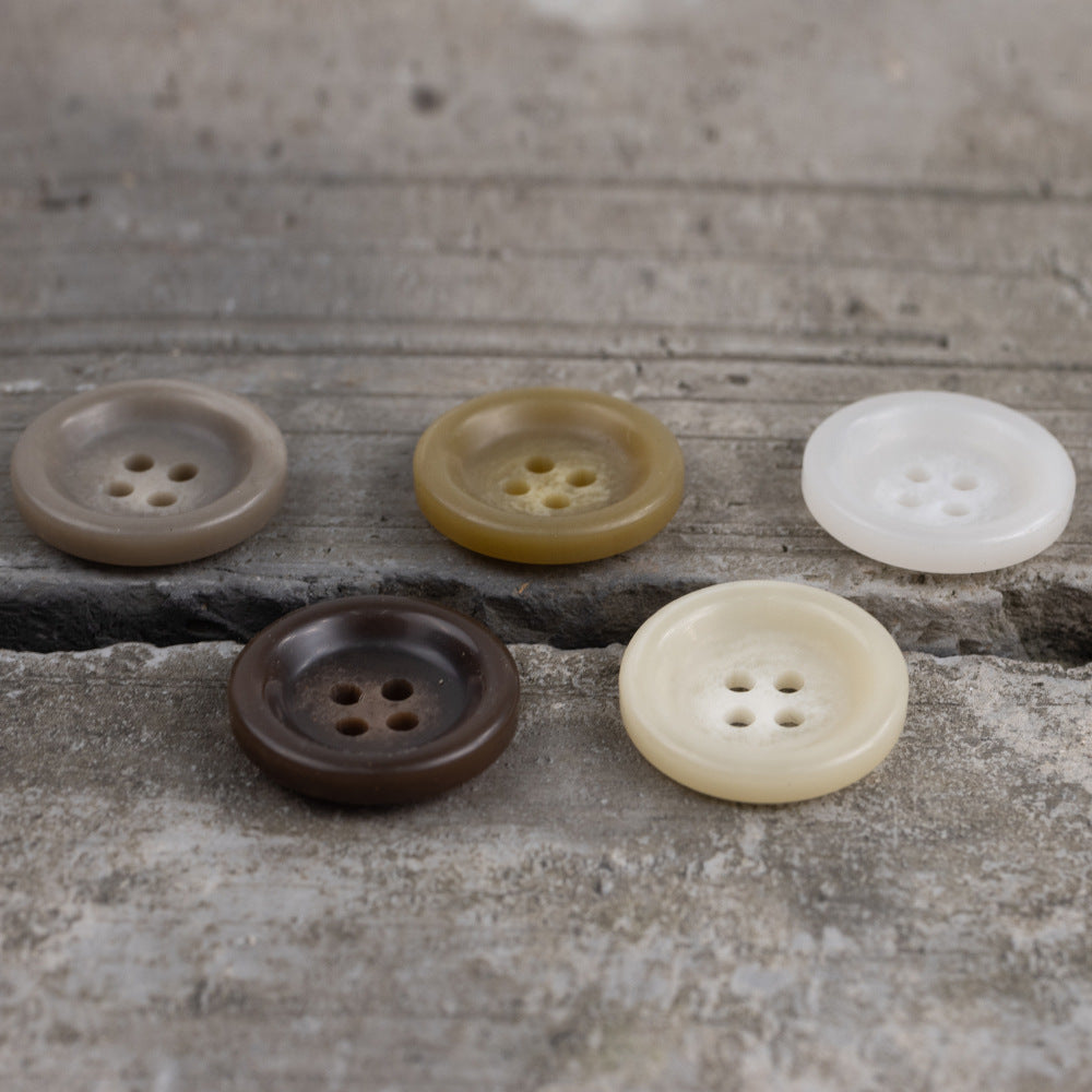 Assorted round matte resin buttons with 4 holes: taupe, olive, white, chocolate, cream