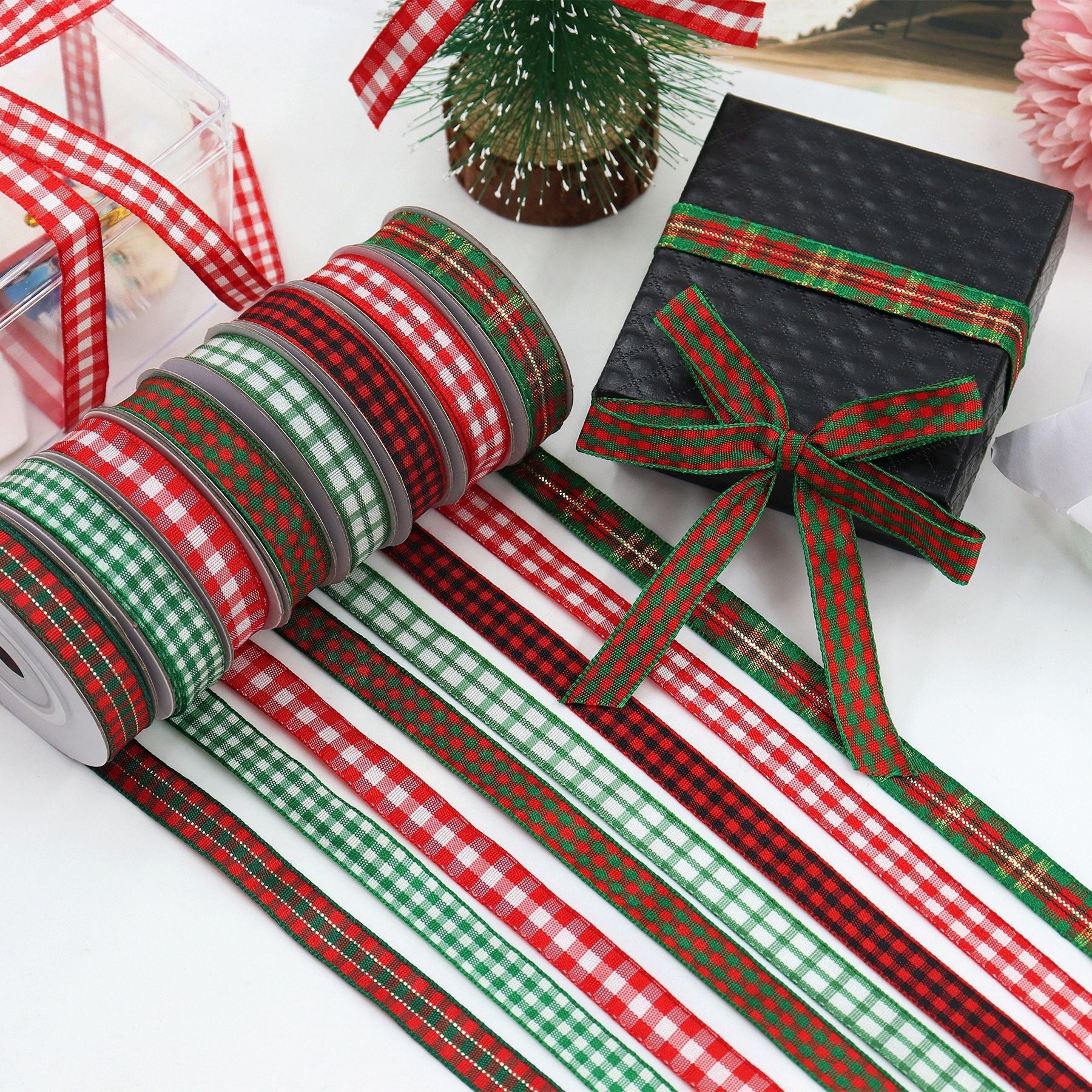 10mm knit Christmas ribbon spools in red/green plaid, for bows and gift wrapping