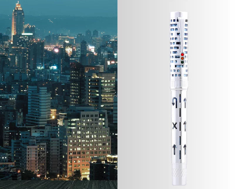 MAJOHN T6 City Light Fountain Pen – Piston Filler | Transparent Resin & Hollow Metal Body Silver Blue