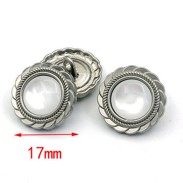 17mm round lace metal shank buttons, white center, silver edging; pair shown