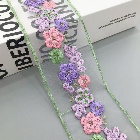 5cm Colorful Floral Sequin Organza Embroidered Lace Trim 10 Yards Purple