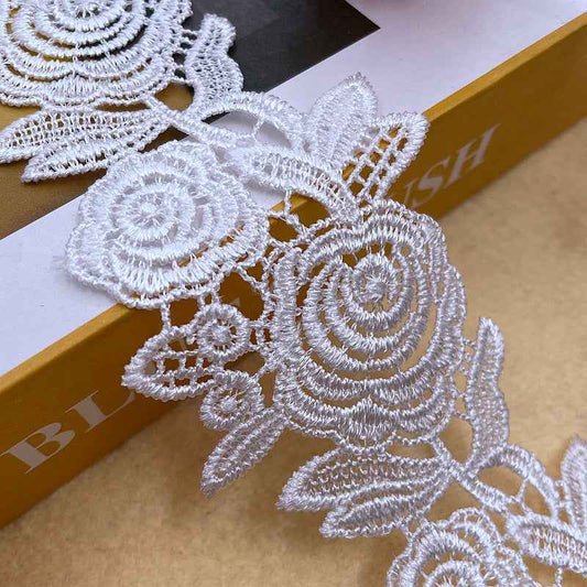 6cm White Floral Polyester Embroidered Lace Trim 15 Yards