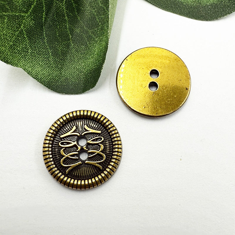 Two-hole metal button with floral filigree, gold tone; flat two-hole back shown