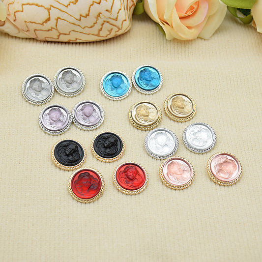 Round lady portrait resin buttons assortment with gold and silver rims in red, blue, black, pink, clear.