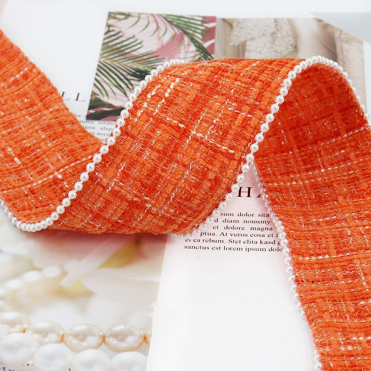 Orange checkered flannel ribbon with white bead edge, 38 mm width
