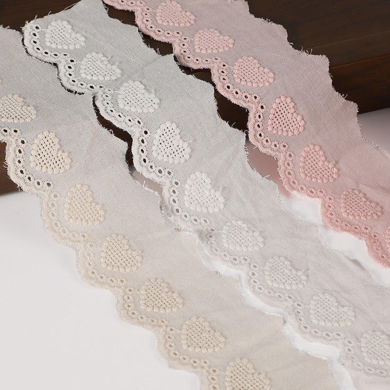 Hollow heart cotton lace trim, white/cream and pale pink scalloped edge