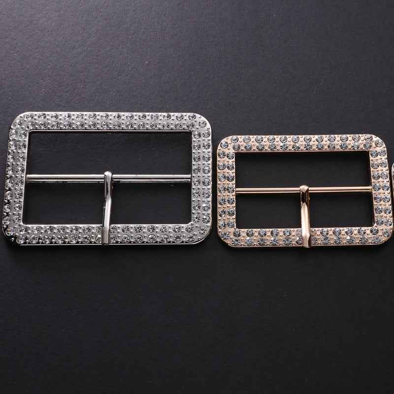 Crystal-studded square belt buckle adjuster, silver-toned double bar center