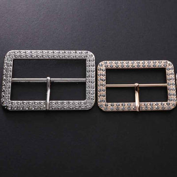 Crystal-studded square belt buckle adjuster, silver-toned double bar center