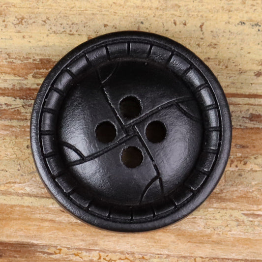 Black round 4-hole distressed wood button with stitched-style rim