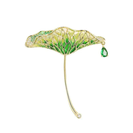 Gold Green Enamel Lotus Leaf Waterdrop Zircon Brooch Pin Green