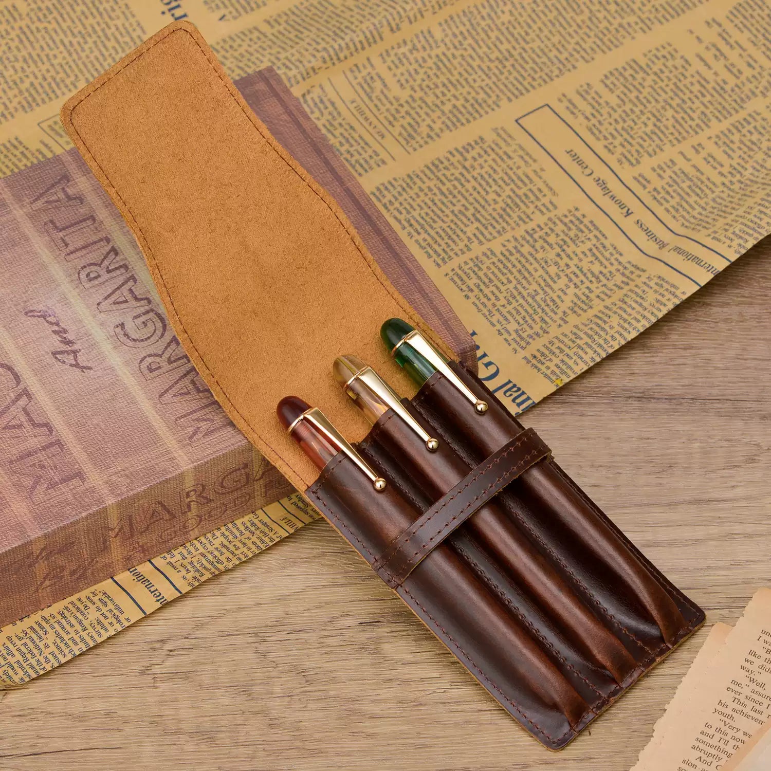Asvine 3-Pen Handmade Oil-Tanned Genuine Leather Pen Pouch | Fountain Pen Carry Case & Protector