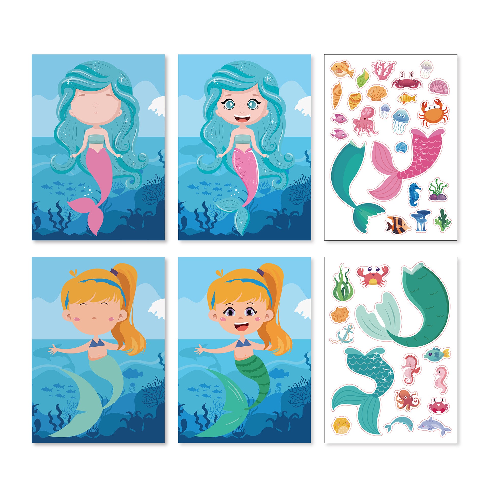 20 Sheets Mermaid Make a Face Stickers for Kids Girls DIY