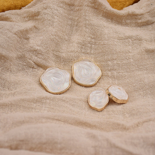 Transparent floral resin buttons, white opal look with gold-tone metal backs