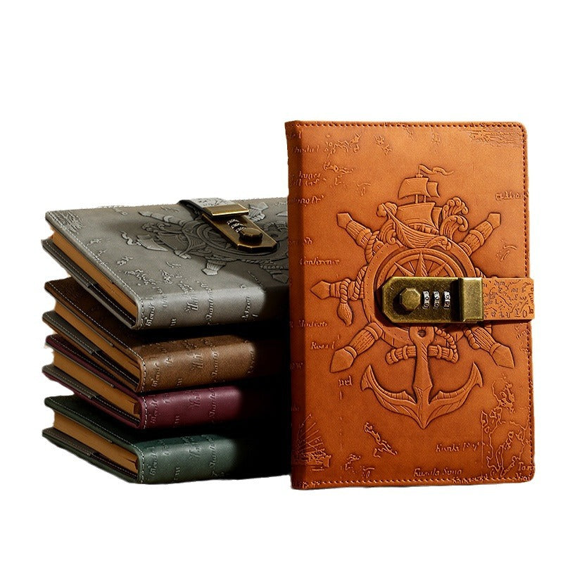 Retro Pirate Lock Diary 3D Carved European Style Locked Notebook A5