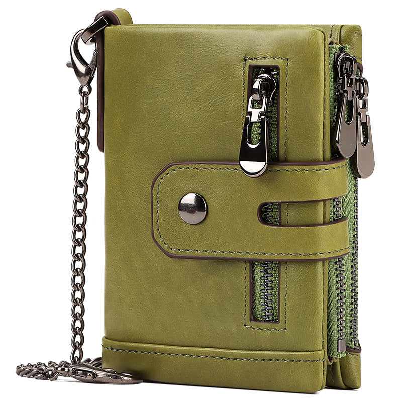 Genuine Leather Short Wallet with RFID Protection Tri-Fold Purse Green
