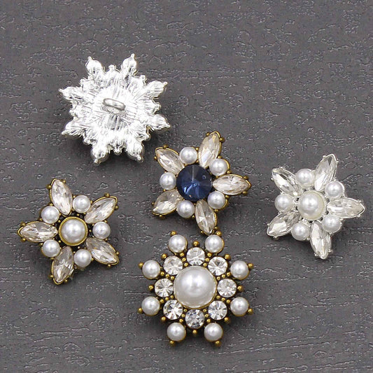 Star-shaped pearl crystal buttons, clear crystals and pearls on silver and gold-tone bases