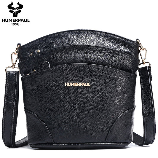 Top Grain Leather Women's Crossbody Bucket Shoulder Bag Black