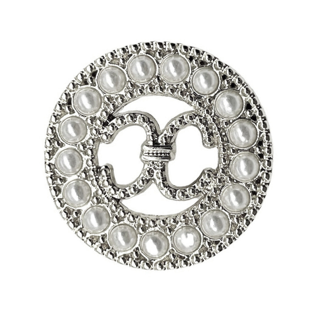 Silver decorative round button with pearl-like stones and metal shank back