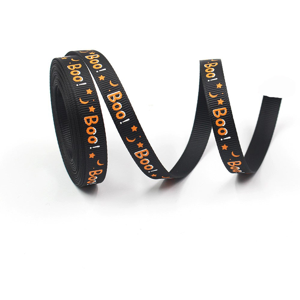 Two 10mm Halloween ribbon lengths, black with orange 'Boo!' text and jack-o'-lantern icons