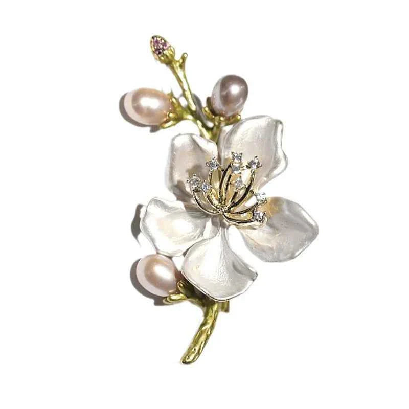 Peach blossom enamel flower brooch with gold-tone leaves and pearls