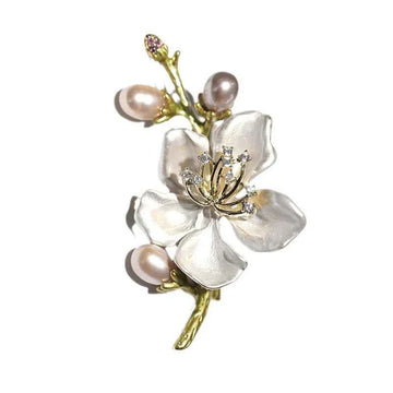 Peach blossom enamel flower brooch with gold-tone leaves and pearls