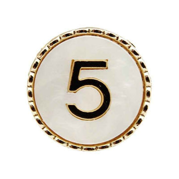 Gold-trimmed Number 5 resin shank button, white face with black “5”