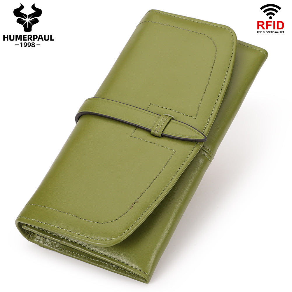 Women's Genuine Leather RFID Wallet – Long Zip Clutch Full Grain Cowhide Green