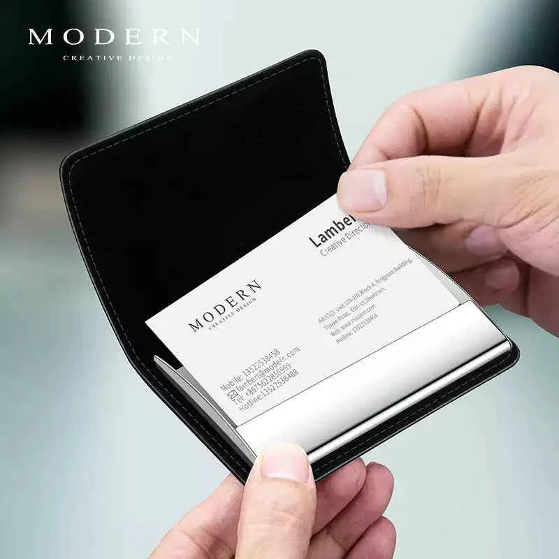MODERN Black Leather & Stainless Steel Business Card Holder