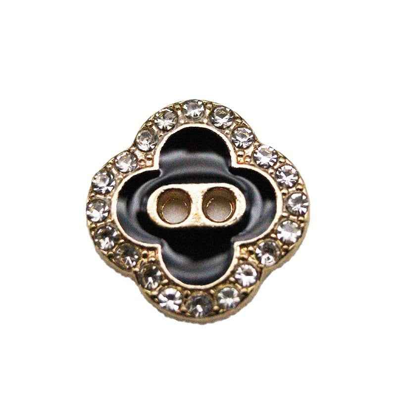Clover square 2-hole button, black satin front with two round holes and crystal border