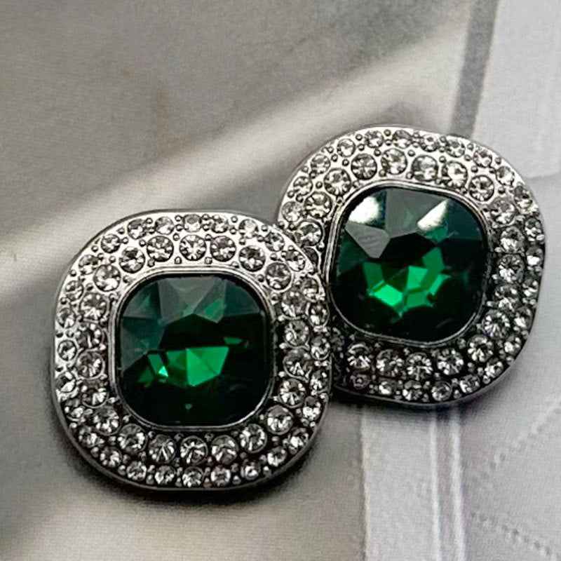 Shank buttons with dark green square-cut faceted gems in silver-tone round rhinestone settings (2 pcs)