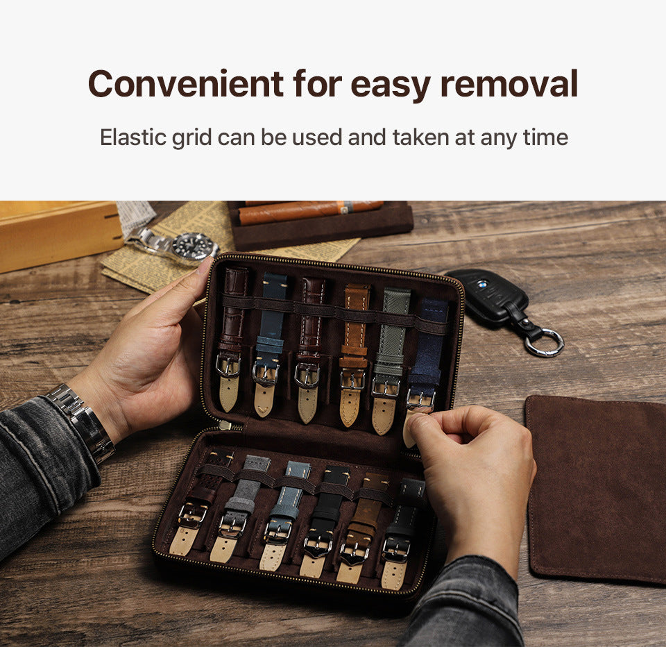 12-Slot Vintage Crazy Horse Leather Watch Strap Box | Handcrafted Zipper Travel Organizer
