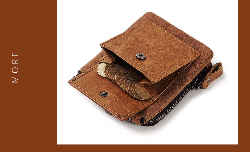 Brown Genuine Cowhide Leather Men's Short Wallet, Zip Around