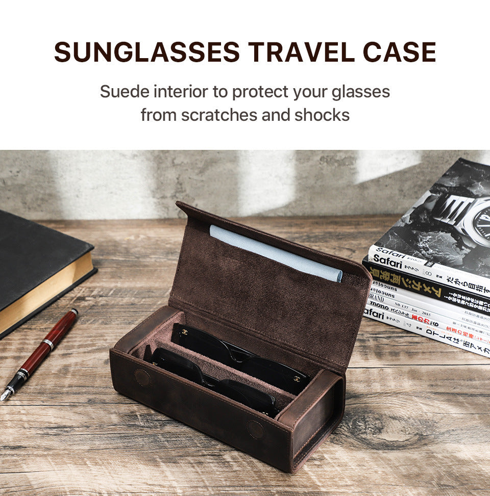 2-Slot Vintage Crazy Horse Leather Glasses Case Eyewear Storage Box