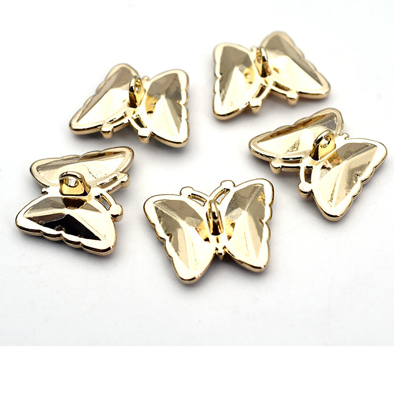 Butterfly crystal glass metal shank buttons, gold-tone clear and amber gems