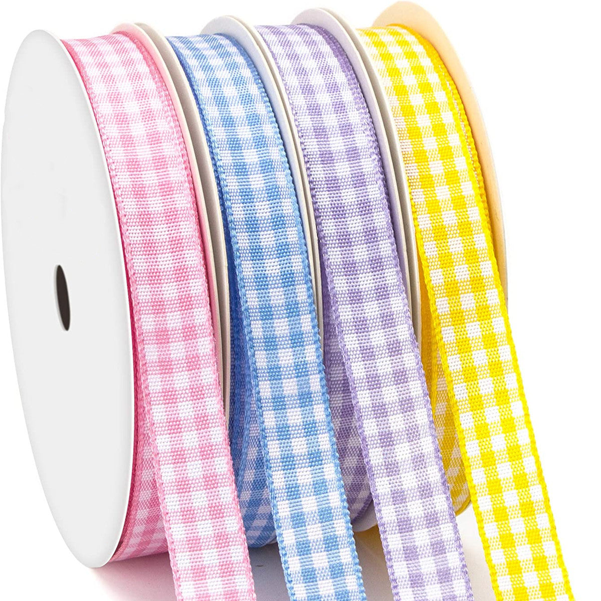 Kariertes Strickband auf Rolle, rosa-, hellblau-, lila- und gelb-weißes Gingham