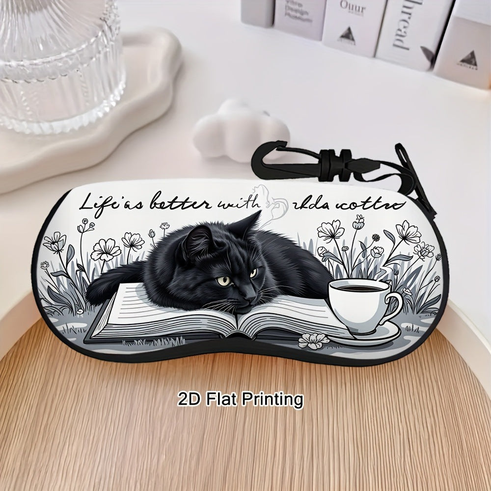 Coffee Cup & Black Cat Glasses Case Eyewear Pouch with Keychain 2pcs
