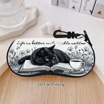 Coffee Cup & Black Cat Glasses Case Eyewear Pouch with Keychain 2pcs