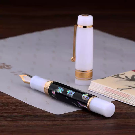 MAJOHN M400 Mother-of-Pearl Resin Fountain Pen Black & White EF Nib Luxury Gift Pen
