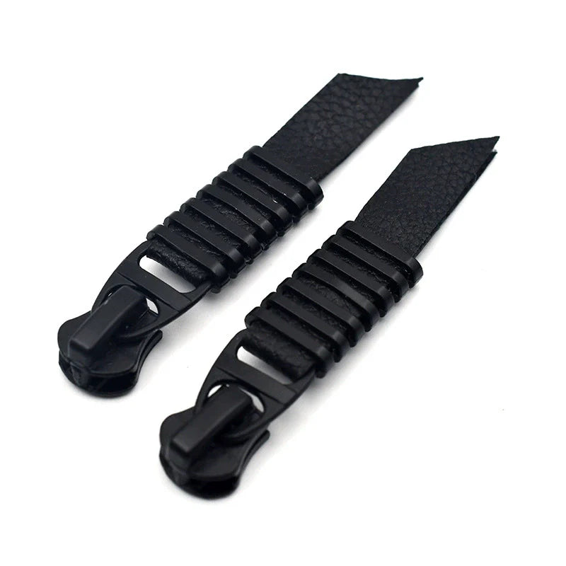 Black plastic zipper pulls with textured strap panels and hinged clip, 10-pack