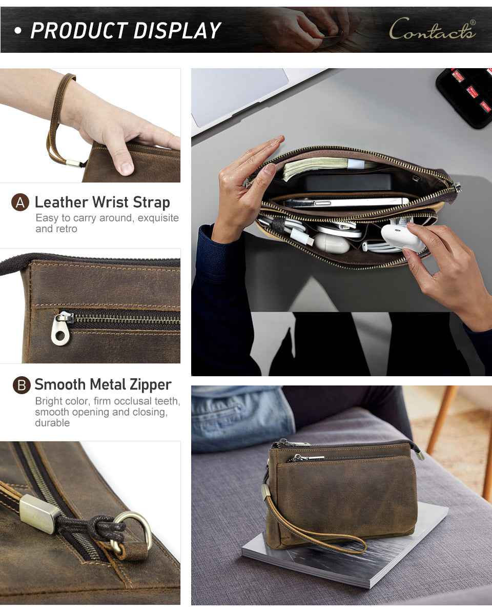 Vintage Genuine Leather Men Clutch EDC Handbag