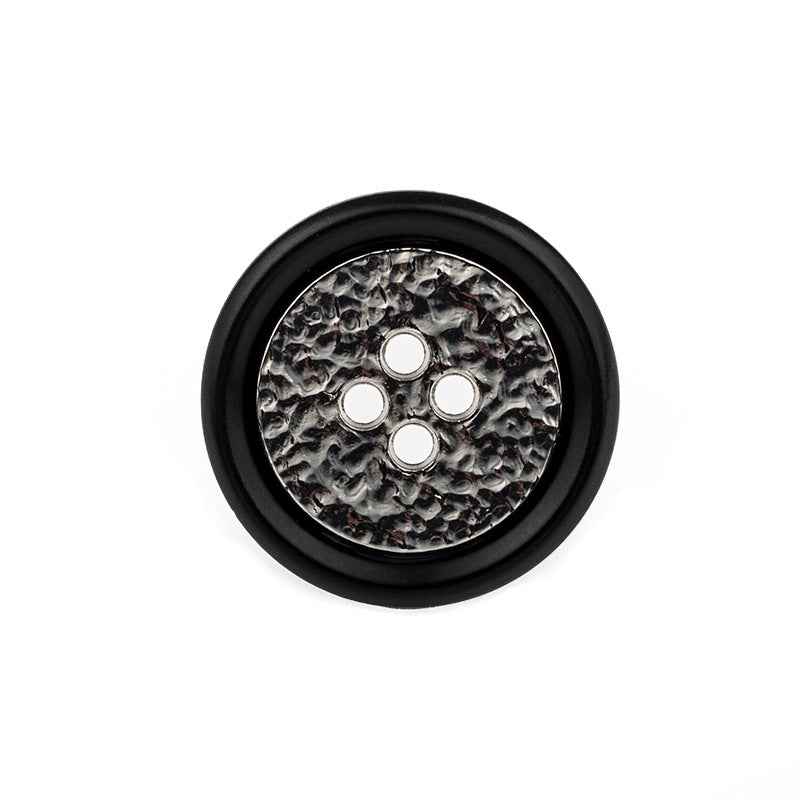 Black round 4-hole resin-metal button with gray metallic center and dark border