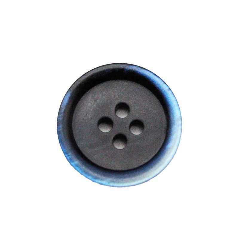 Single round black resin button with blue gradient rim and 4 holes